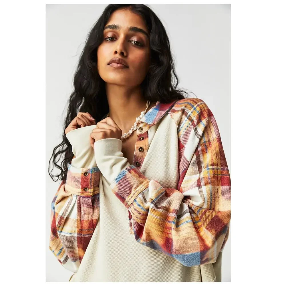 NEW FREE PEOPLE Isabelle Plaid Trim Thermal Henley In Mink Combo Size Large